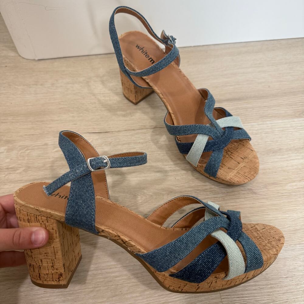 White Mountain Dubonnet Heeled Platform Sandal Denim Straps Size 11